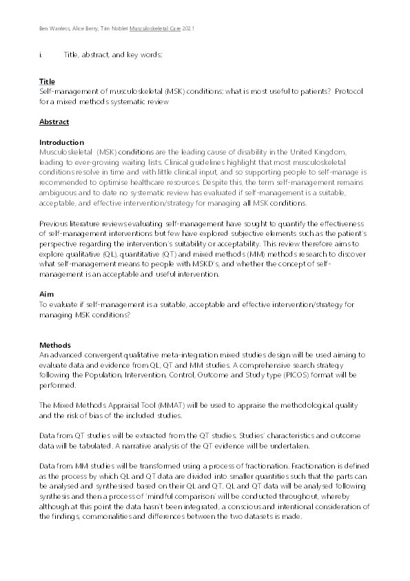 Self-management of musculoskeletal (MSK) conditions: What is most useful to patients? Protocol for a mixed methods systematic review Thumbnail