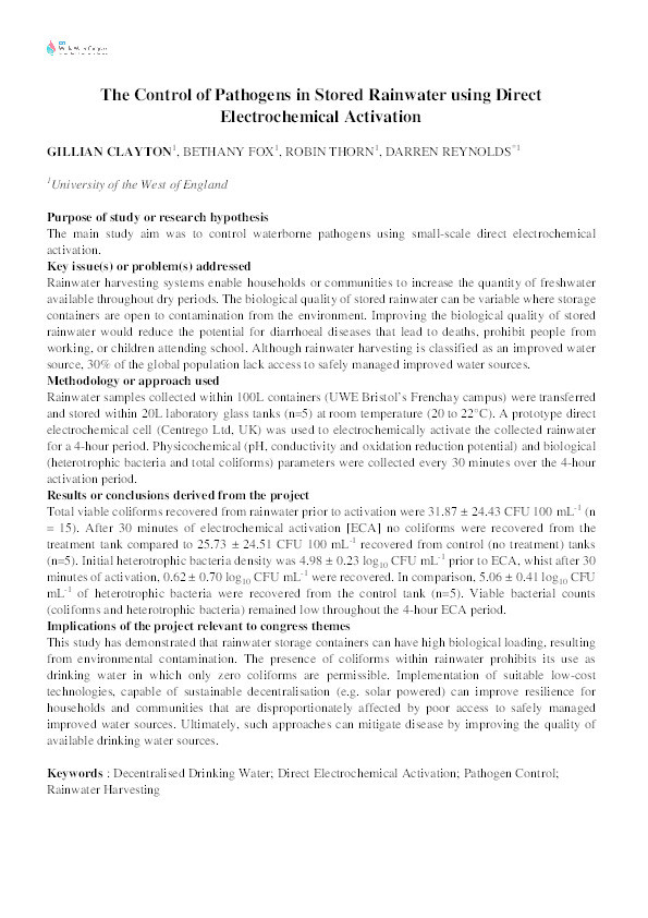 The control of pathogens in stored rainwater using direct electrochemical activation Thumbnail