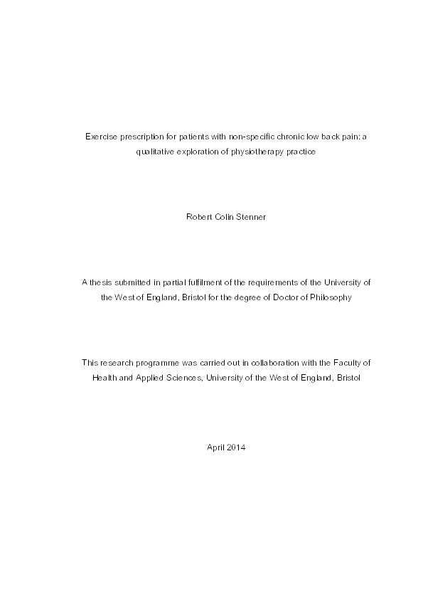 Exercise prescription for patients with non-specific chronic low back pain: A qualitative exploration of physiotherapy practice Thumbnail