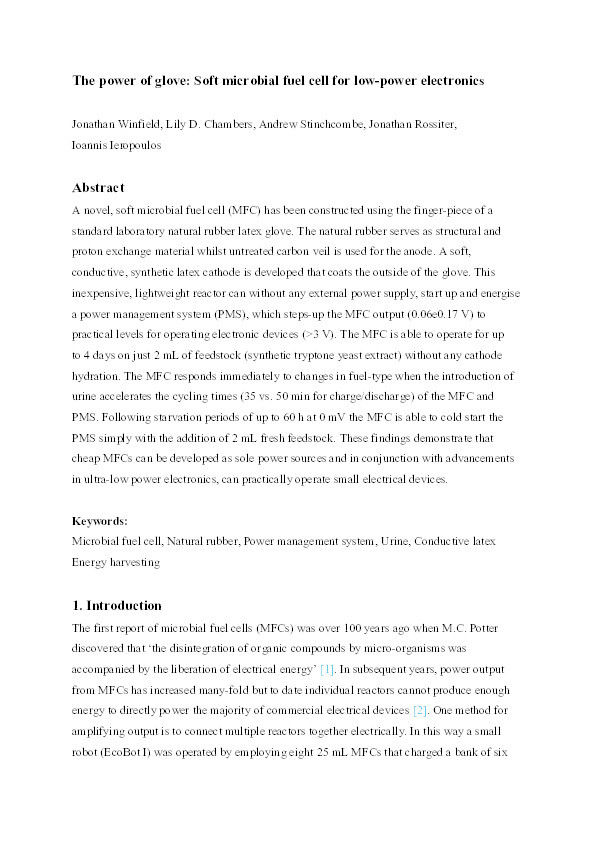 The power of glove: Soft microbial fuel cell for low-power electronics Thumbnail