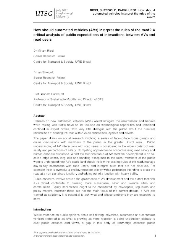 How should automated vehicles (AVs) interpret the rules of the road? A critical analysis of public expectations of interactions between AVs and road users Thumbnail