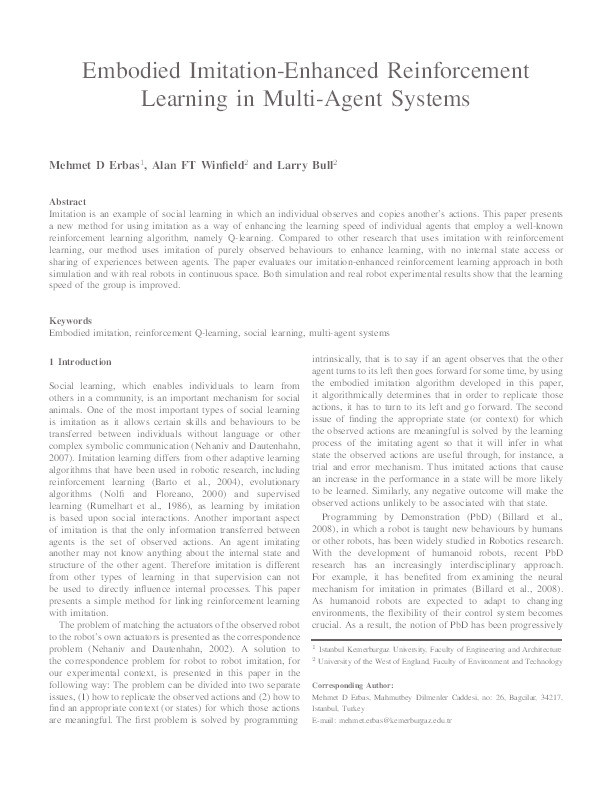 Embodied imitation-enhanced reinforcement learning in multi-agent systems Thumbnail