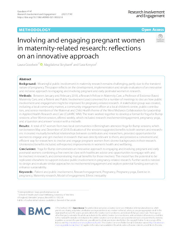 Involving and engaging pregnant women in maternity-related research: Reflections on an innovative approach Thumbnail