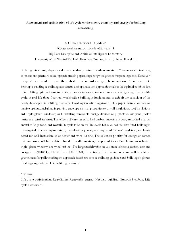 Assessment and optimisation of life cycle environment, economy and energy for building retrofitting Thumbnail