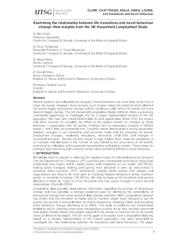 Examining the relationship between life transitions and travel behaviour change: New insights from the UK household longitudinal study Thumbnail