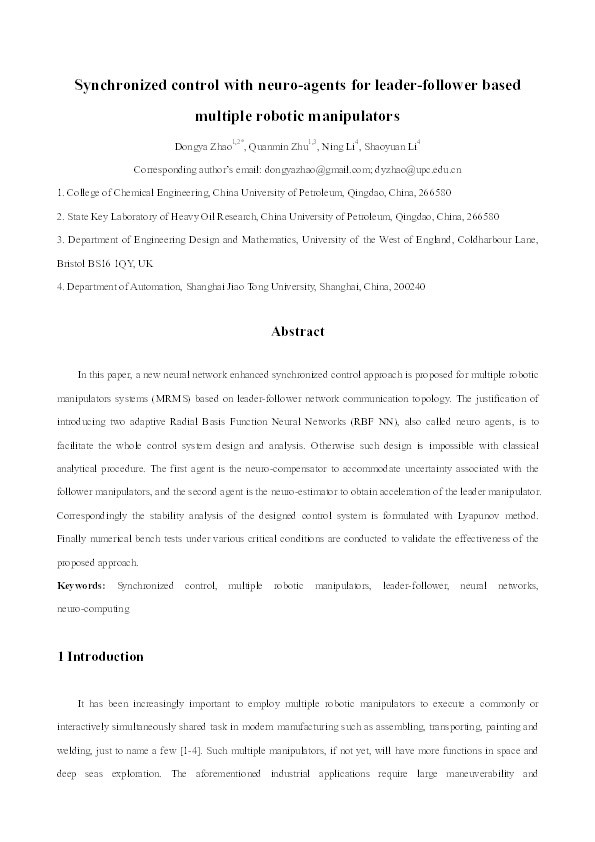 Synchronized control with neuro-agents for leader-follower based multiple robotic manipulators Thumbnail