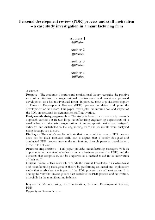 Personal development review (PDR) process and engineering staff motivation: A case study investigation in a manufacturing firm Thumbnail