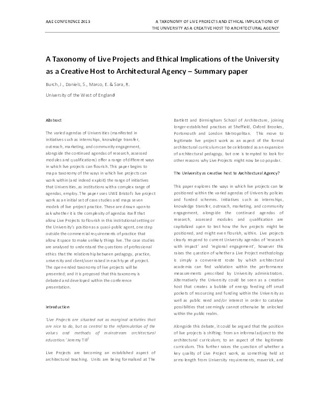 A taxonomy of live projects and the ethical implications of the university as creative host to architectural agency Thumbnail