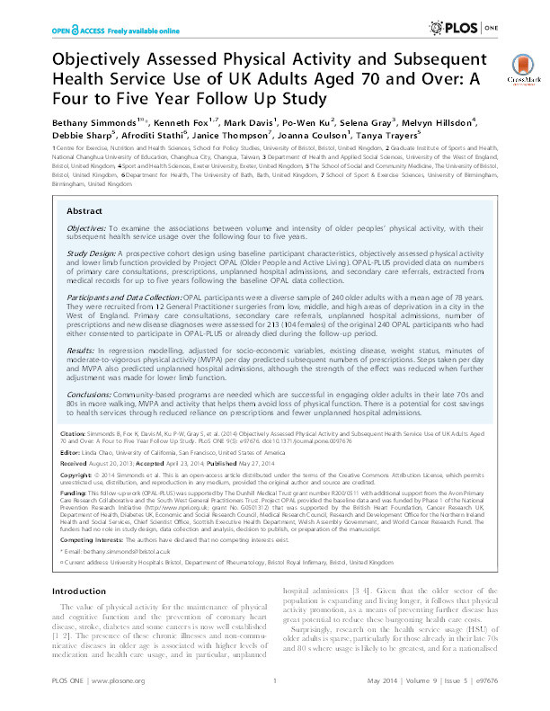 Objectively assessed physical activity and subsequent health service use of UK adults aged 70 and over: A four to five year follow up study Thumbnail