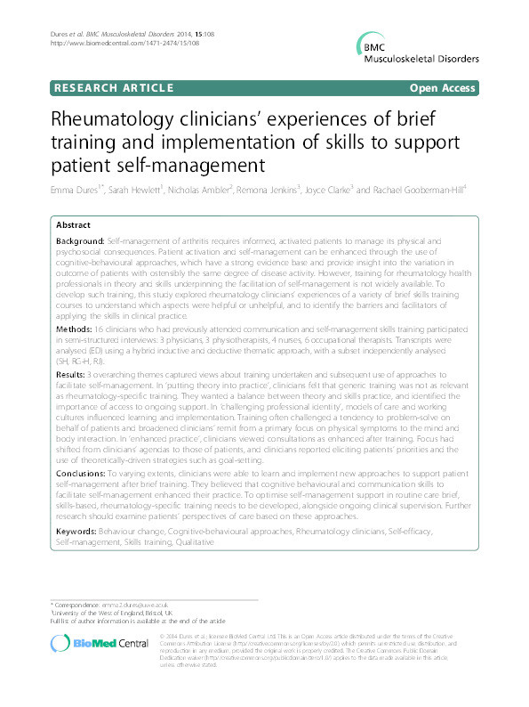 Rheumatology clinicians' experiences of brief training and implementation of skills to support patient self-management Thumbnail