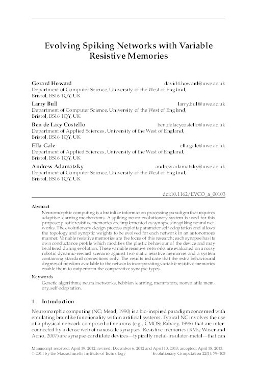 Evolving spiking networks with variable resistive memories Thumbnail