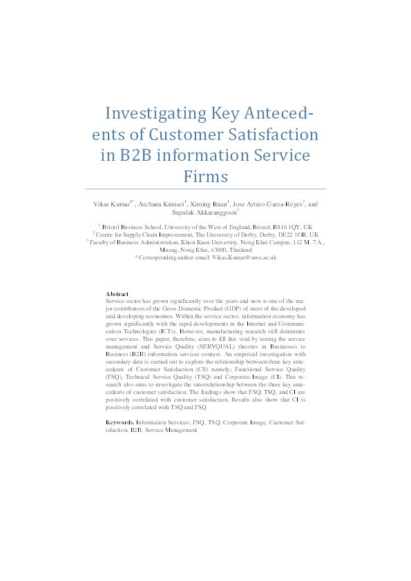 Investigating key antecedents of customer satisfaction in B2B information service firms Thumbnail