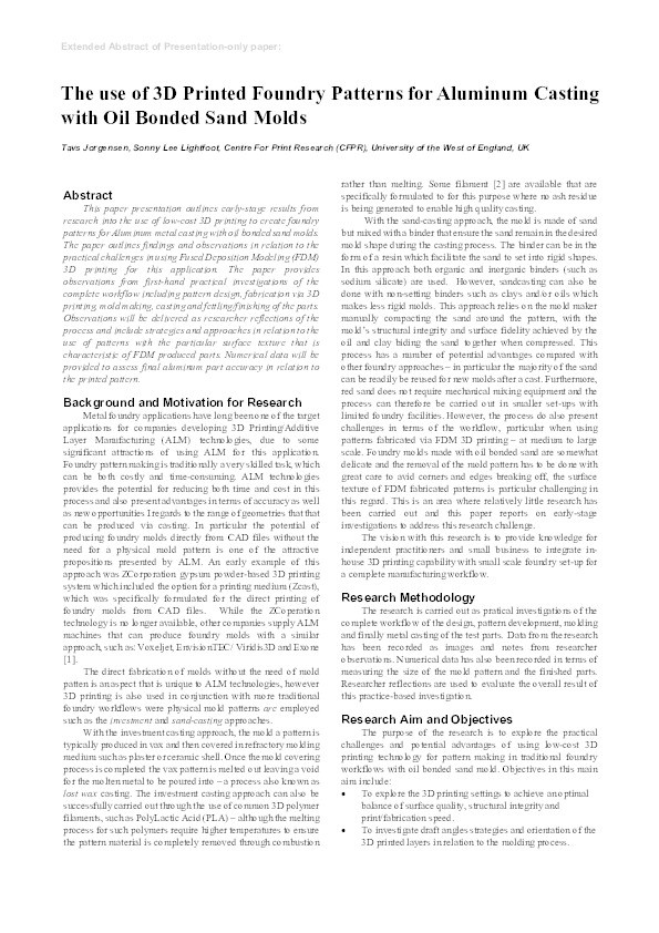 The use of 3D printed foundry patterns for aluminum casting with oil bonded sand molds Thumbnail