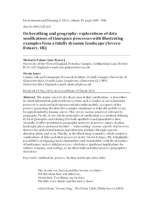 On breathing and geography: Explorations of data sonifications of timespace processes with illustrating examples from a tidally dynamic landscape (Severn Estuary, UK) Thumbnail