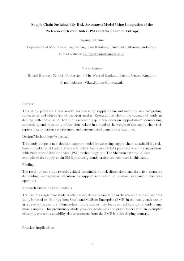 Supply chain sustainability risk assessment model using integration of the preference selection index (PSI) and the Shannon entropy Thumbnail