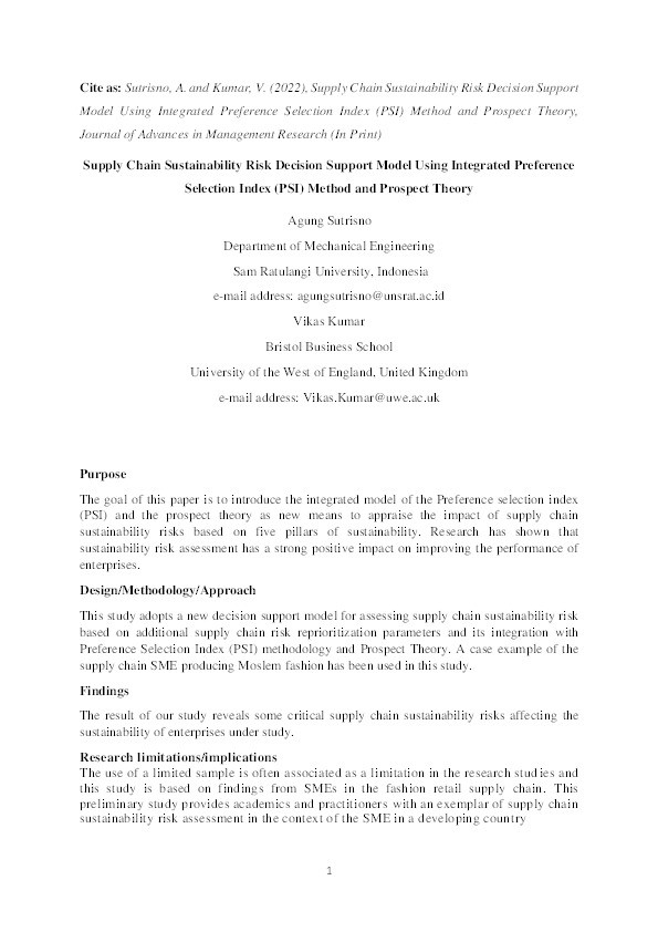 Supply chain sustainability risk decision support model using integrated Preference Selection Index (PSI) method and prospect theory Thumbnail