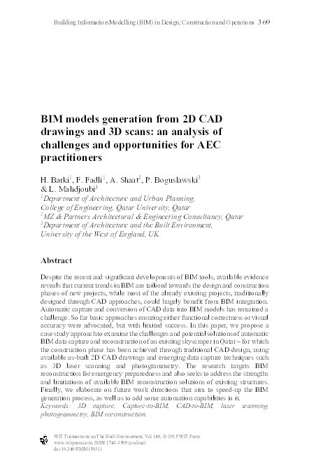 BIM models generation from 2D CAD drawings and 3D scans: An analysis of challenges and opportunities for AEC practitioners Thumbnail