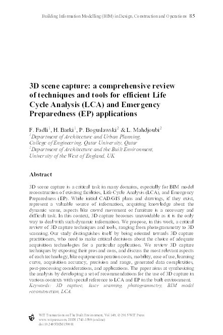 3D scene capture: A comprehensive review of techniques and tools for efficient Life Cycle Analysis (LCA) and Emergency Preparedness (EP) applications Thumbnail