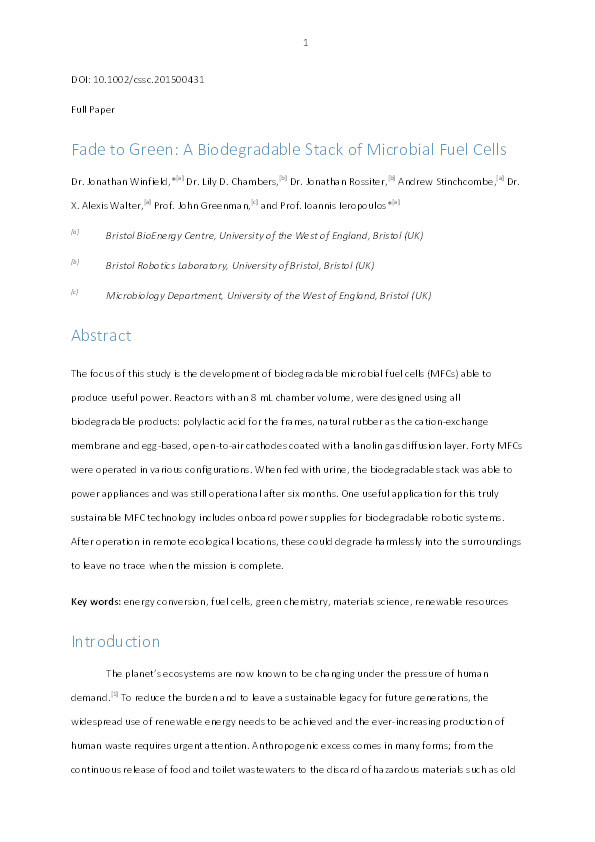 Fade to Green: A Biodegradable Stack of Microbial Fuel Cells Thumbnail