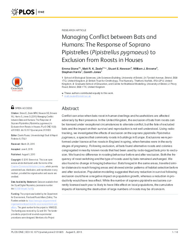 Managing conflict between bats and humans: The response of soprano pipistrelles (pipistrellus pygmaeus) to exclusion from roosts in houses Thumbnail