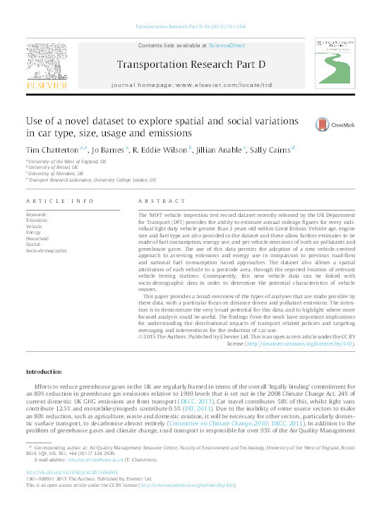 Use of a novel dataset to explore spatial and social variations in car type, size, usage and emissions Thumbnail