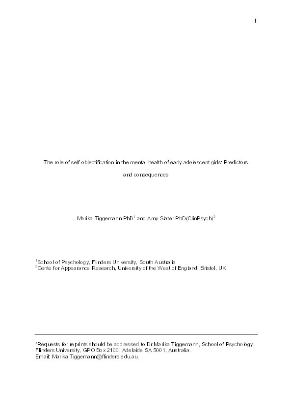 The Role of Self-Objectification in the Mental Health of Early Adolescent Girls: Predictors and Consequences Thumbnail