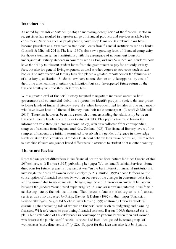 Financial literacy and student attitudes to debt: A cross national study examining the influence of gender on personal finance concepts Thumbnail