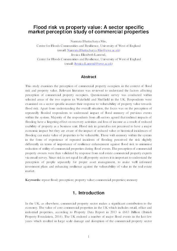 Flood risk vs property value: A sector specific market perception study of commercial properties Thumbnail