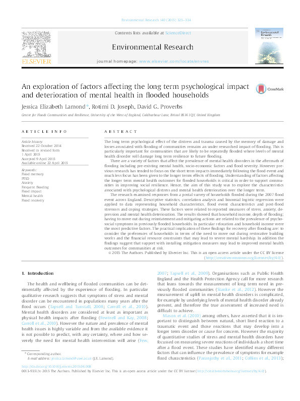 An exploration of factors affecting the long term psychological impact and deterioration of mental health in flooded households Thumbnail