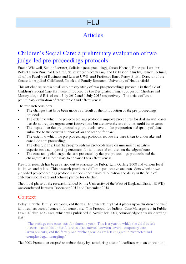 Children's social care: An evaluation of two pre-proceedings protocols Thumbnail