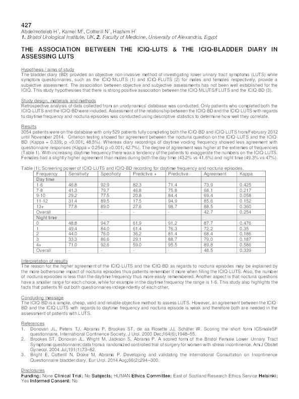 The association between the iciq-luts & the iciq-bladder diary in assessing luts Thumbnail