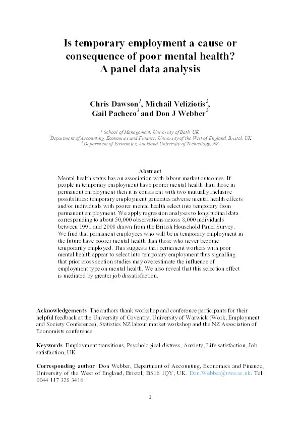 Is temporary employment a cause or consequence of poor mental health? A panel data analysis Thumbnail