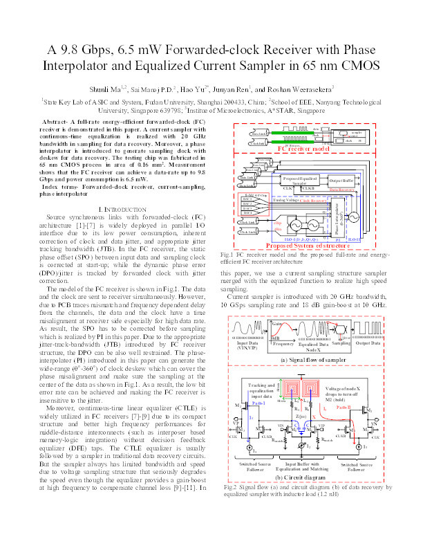 A 9.8 Gbps, 6.5 mW forwarded-clock receiver with phase interpolator and equalized current sampler in 65 nm CMOS Thumbnail