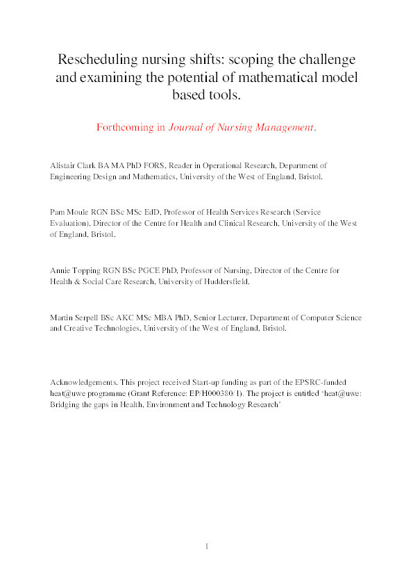 Rescheduling nursing shifts: Scoping the challenge and examining the potential of mathematical model based tools Thumbnail