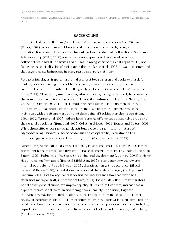 The effectiveness of psychosocial intervention for individuals with cleft lip and/or palate Thumbnail