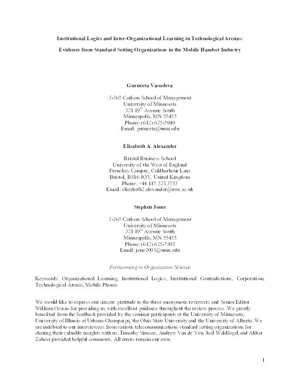 Institutional logics and interorganizational learning in technological arenas: Evidence from standard-setting organizations in the mobile handset industry Thumbnail