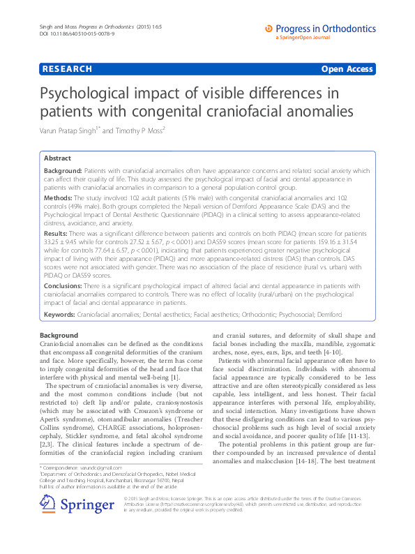 Psychological impact of visible differences in patients with congenital craniofacial anomalies Thumbnail