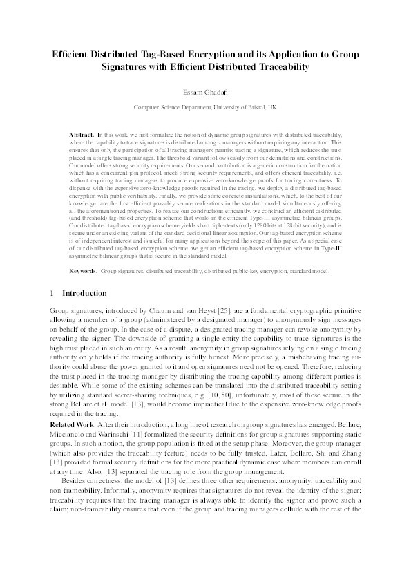 Efficient Distributed tag-based encryption and its application to group signatures with efficient distributed traceability Thumbnail