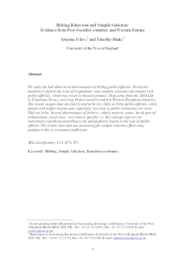 Sample selection and bribing behaviour: Evidence from post-socialist countries and Western Europe Thumbnail