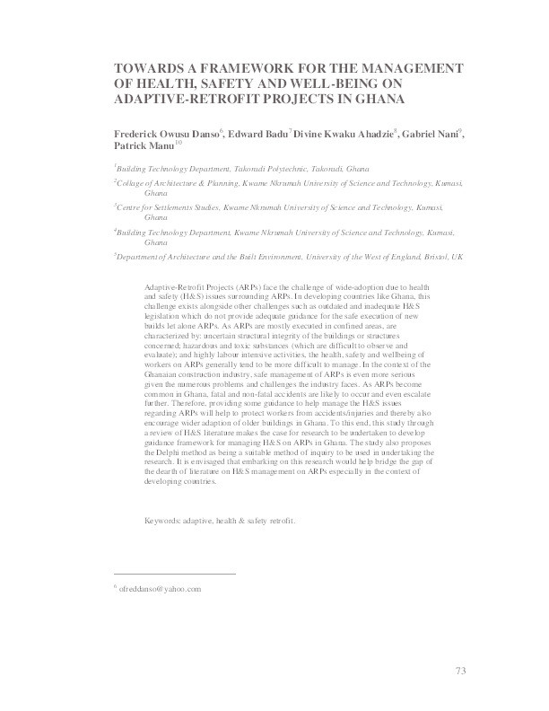 Towards a framework for the management of health, safety and well-being on adaptive-retrofit projects in Ghana Thumbnail