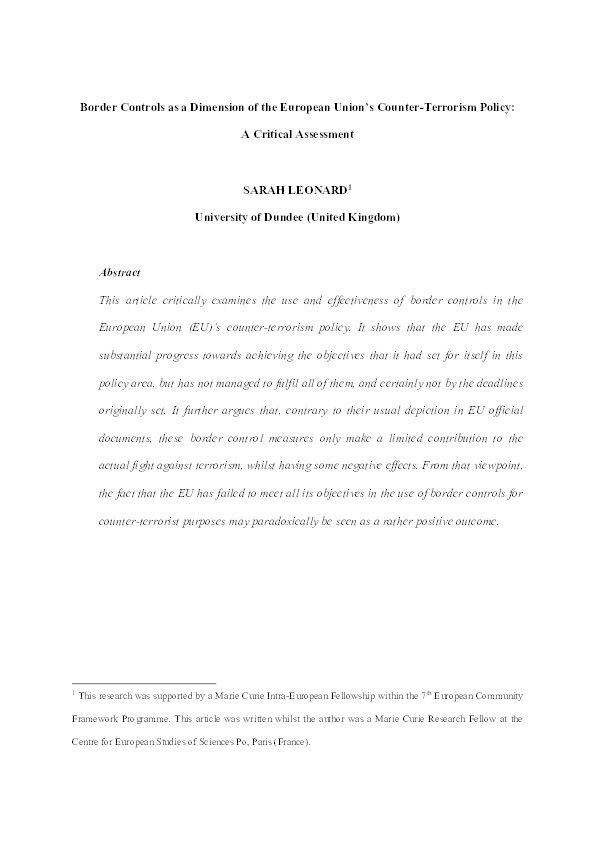 Border controls as a dimension of the european union’s counter-terrorism policy: A critical assessment Thumbnail