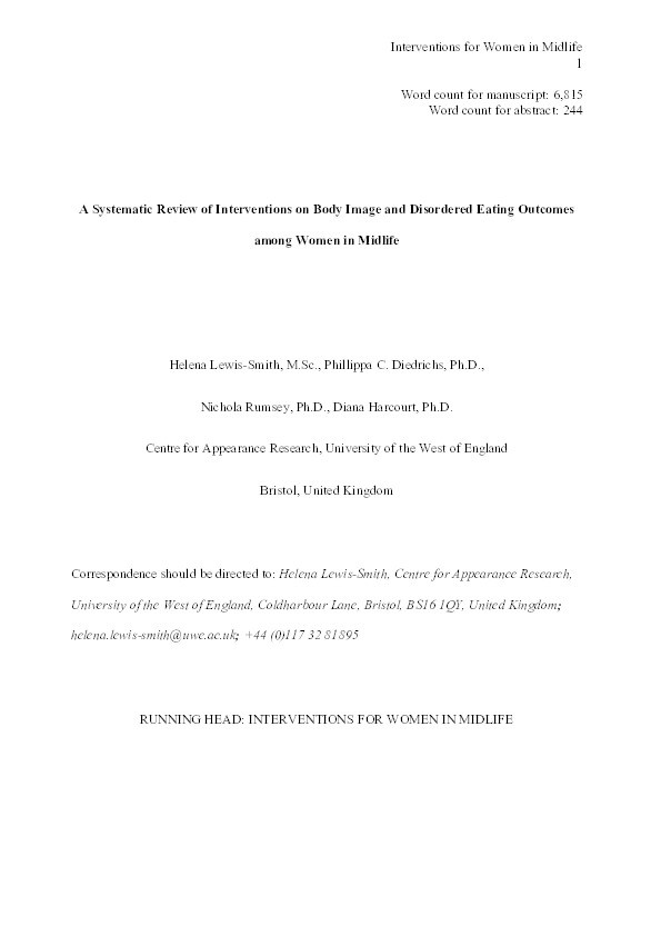 A systematic review of interventions on body image and disordered eating outcomes among women in midlife Thumbnail