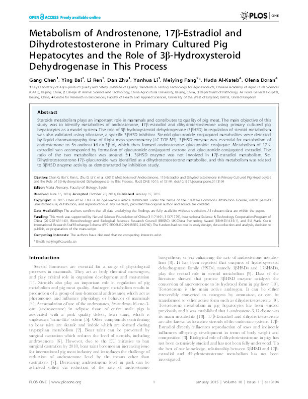 Metabolism of androstenone, 17β-estradiol and dihydrotestosterone in primary cultured pig hepatocytes and the role of 3β-hydroxysteroid dehydrogenase in this process Thumbnail