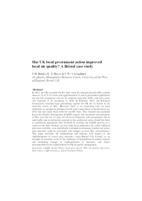 Has UK Local Government Action Improved Local Air Quality? A Bristol Case Study Thumbnail