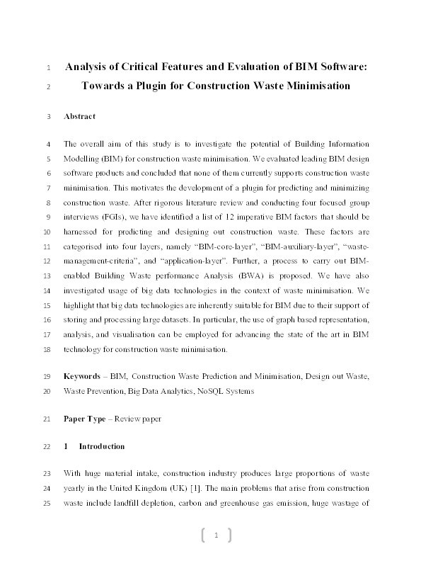 Analysis of critical features and evaluation of BIM software: towards a plug-in for construction waste minimization using big data Thumbnail