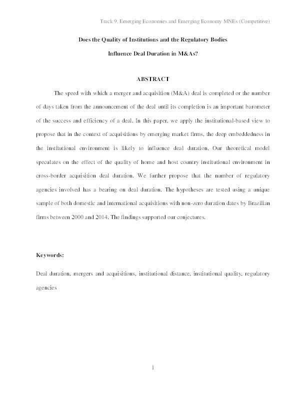 Does the Quality of Institutions and the Regulatory Bodies Influence Deal Duration in M&As? Thumbnail