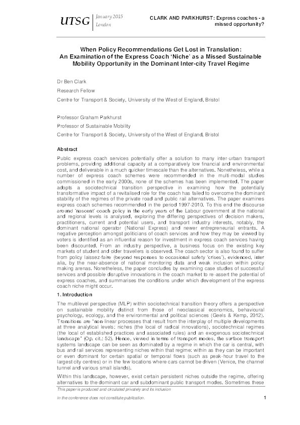 When policy recommendations get lost in translation: An examination of the express coach ‘niche’ as a missed sustainable mobility opportunity in the dominant inter-city travel regime Thumbnail