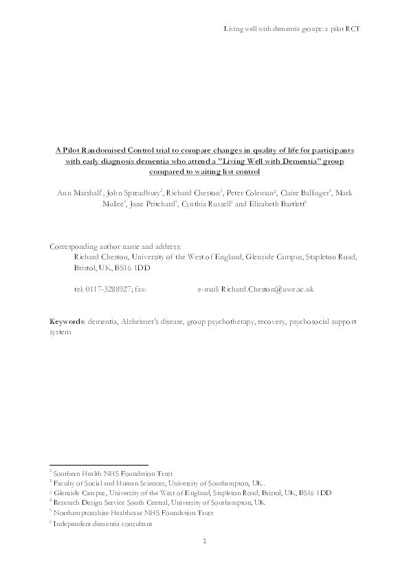 A pilot randomised controlled trial to compare changes in quality of life for participants with early diagnosis dementia who attend a Living Well with Dementia group compared to waiting-list control Thumbnail