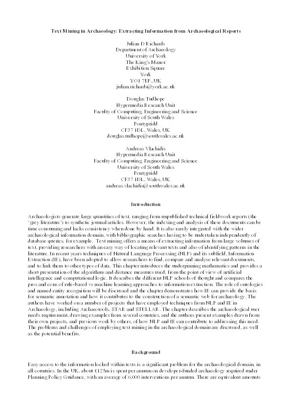 Text mining in archaeology: Extracting information from archaeological reports Thumbnail