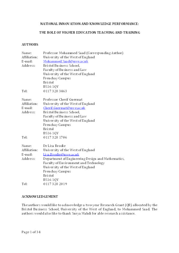 National innovation and knowledge performance: the role of higher education teaching and training Thumbnail